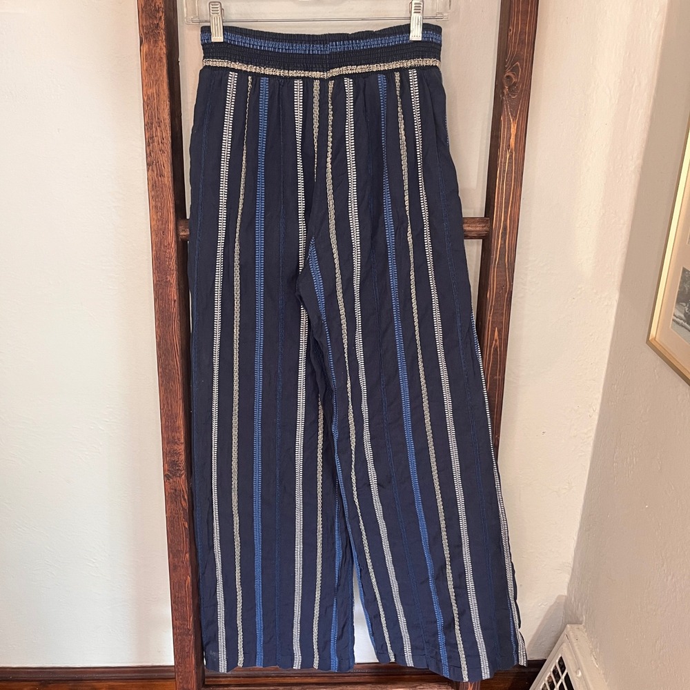 Michael Stars Womens Navy Blue Embroidered Cotton Wide Leg Smocked Pants S Boho - Picture 2 of 10